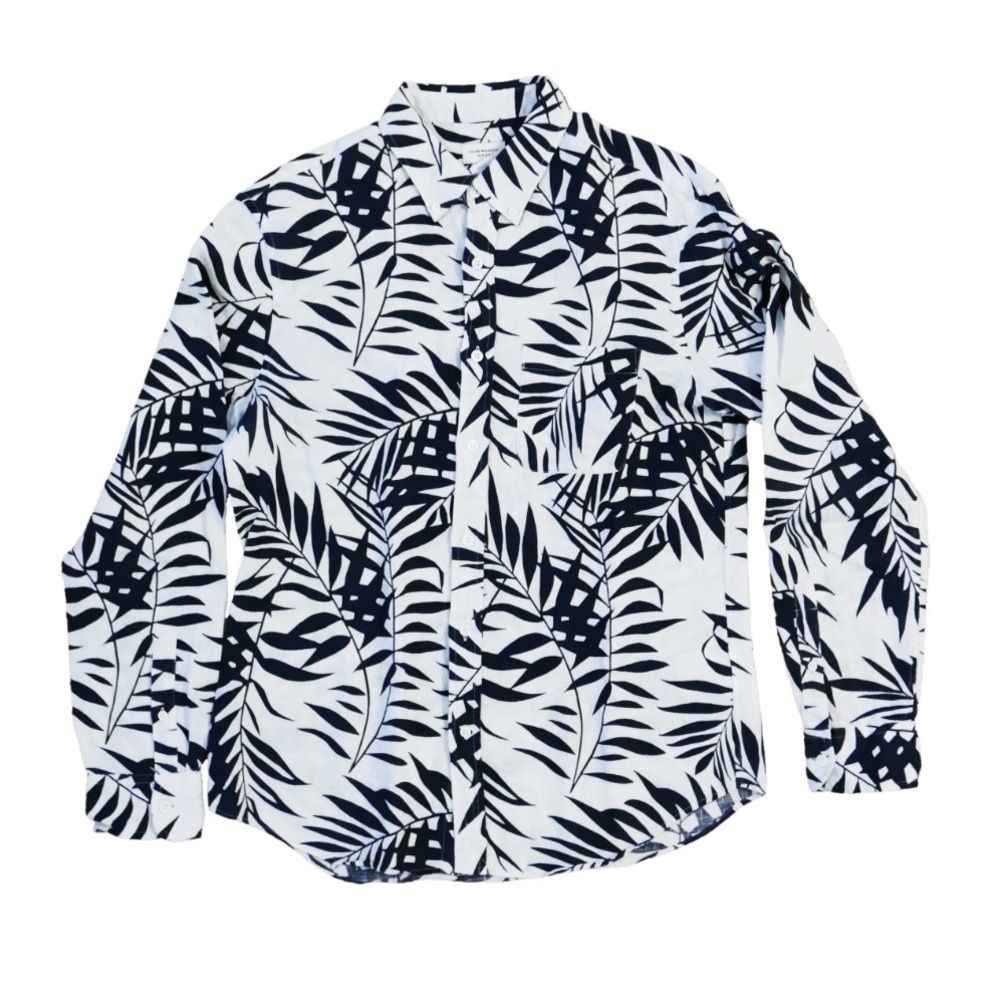 Men’s Club Monaco Navy and White Leaf Pattern Linen Button Down Shirt